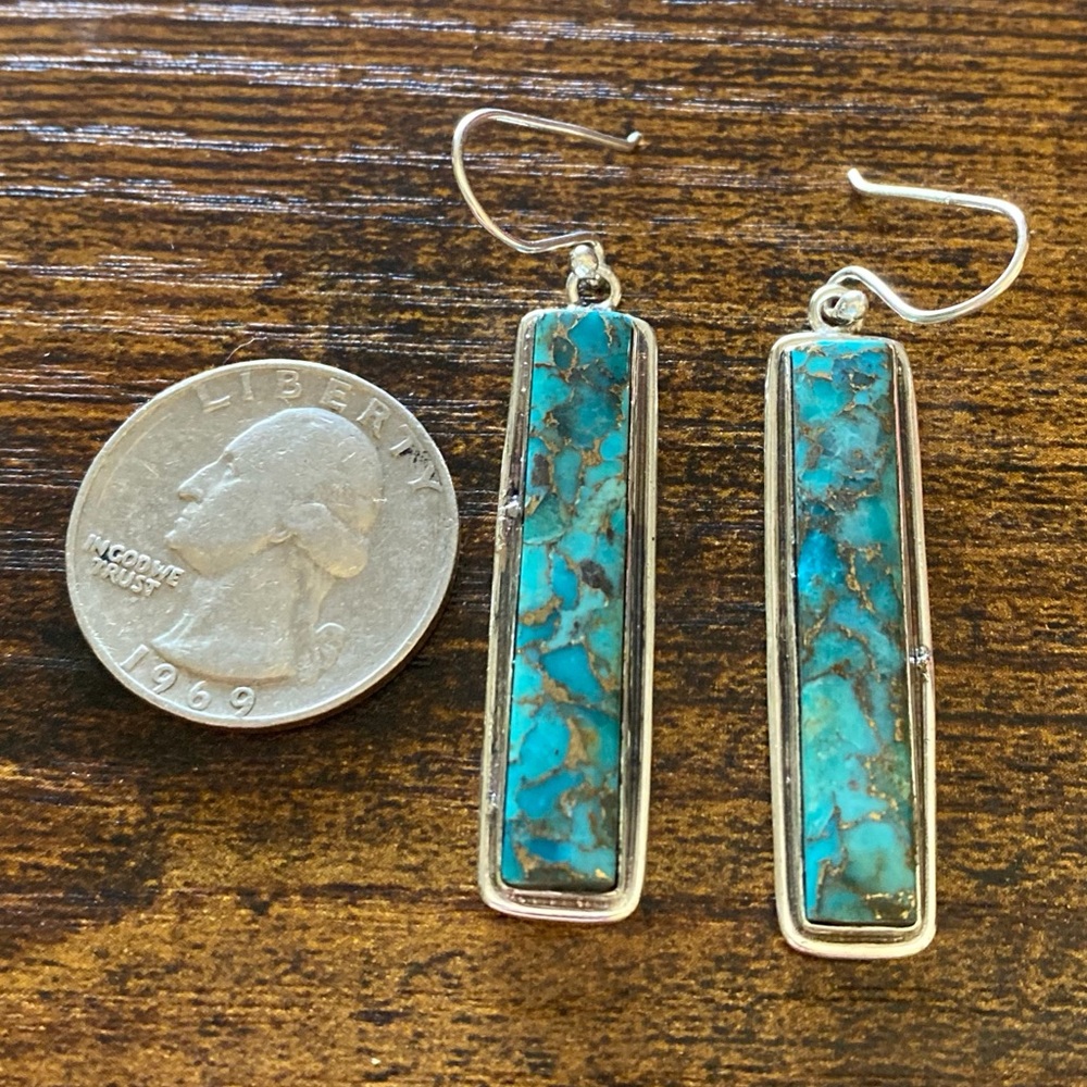 Retangular Southwest Arizona Turquoise Earrings Set In 925 Sterling Silver - Picture 2 of 6